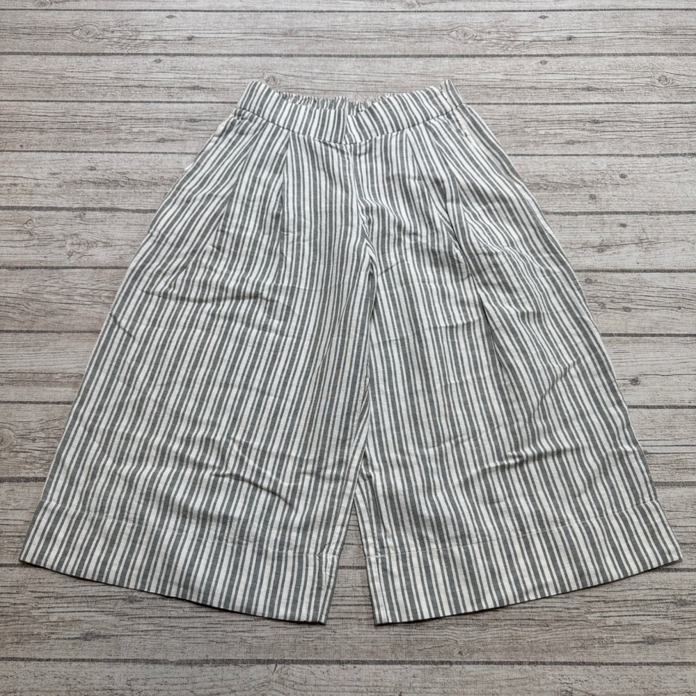 Gap Pants Women's 6 Petite Gray White Striped Wide Leg High Rise Linen Cropped